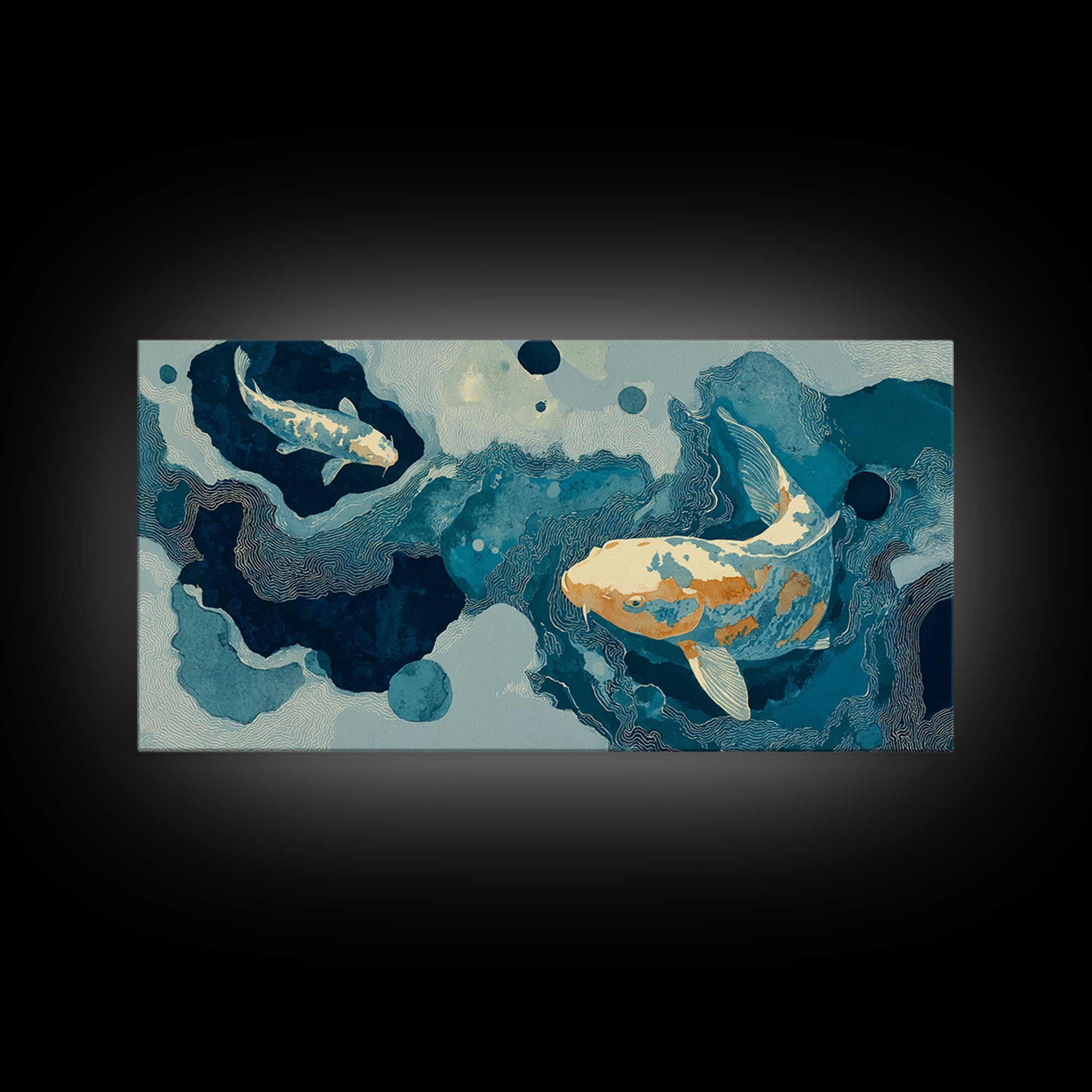 Teal Koi Fish on Tonal Water Framed Canvas Print, Monochrome Art, Digital Wall Art, Living Room Decor, Fine Art, Mono, MON-2x1-85