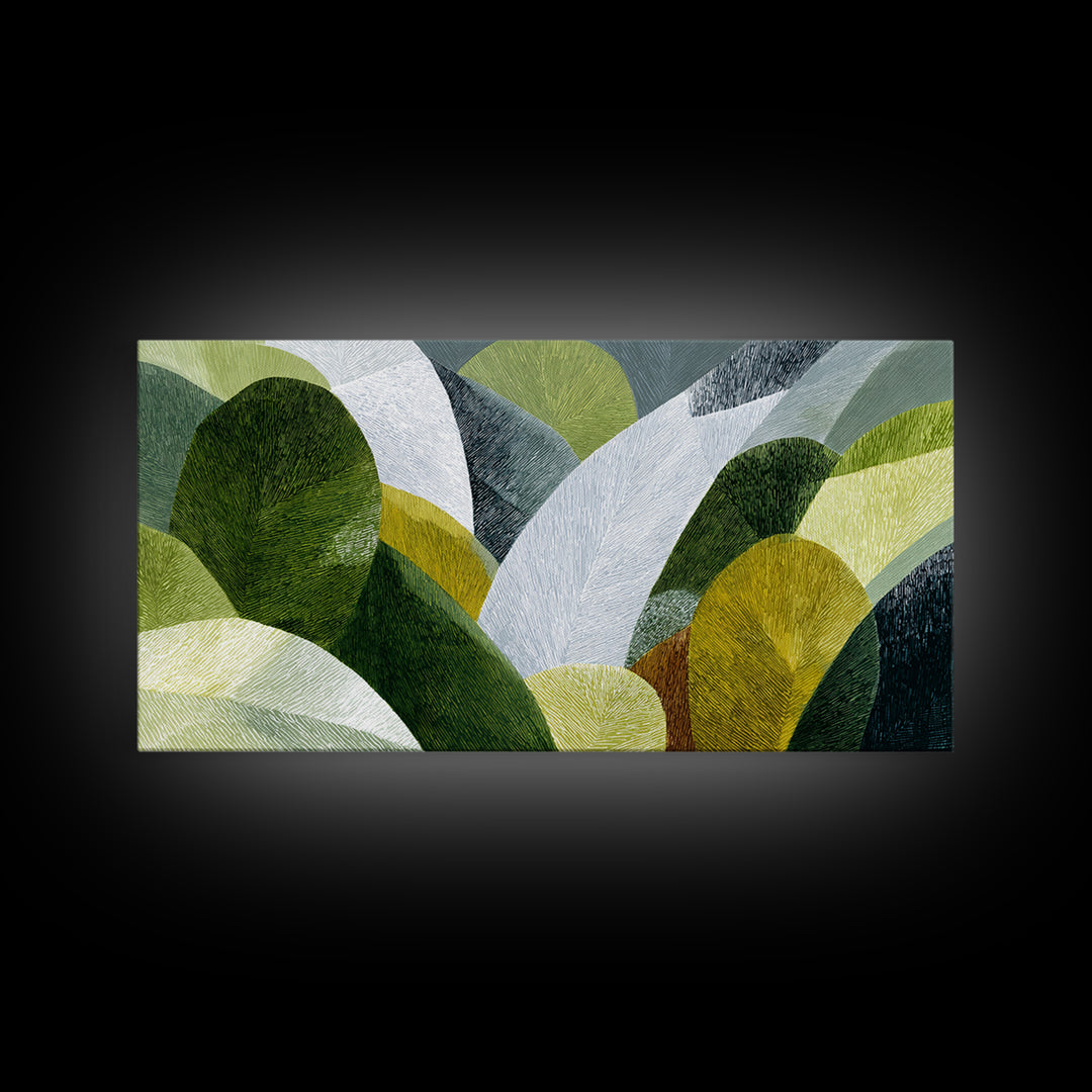 Olive Green Abstract Leaf Pattern Framed Canvas Print, Monochrome Art, Abstract Art, Living Room Decor, Watercolor Art, Mono, MON-2x1-88