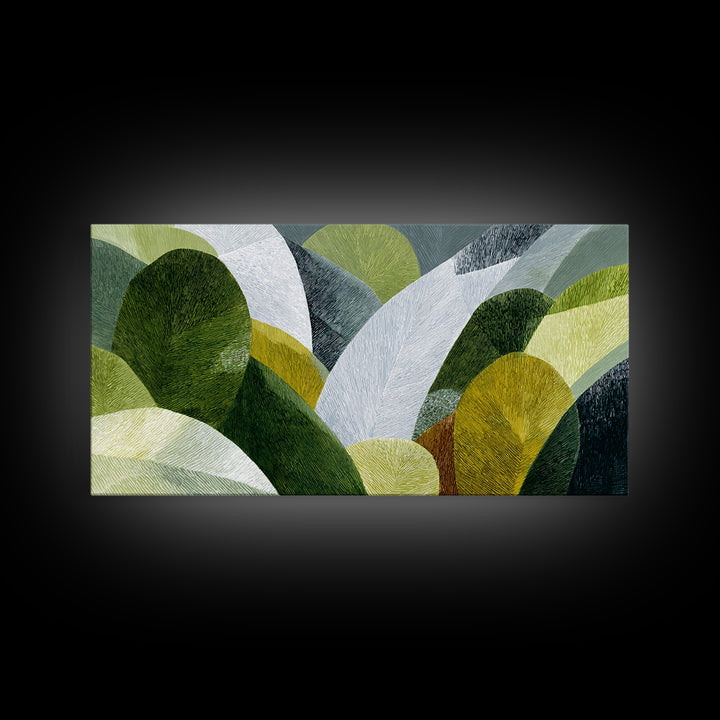 Olive Green Abstract Leaf Pattern Framed Canvas Print, Monochrome Art, Abstract Art, Living Room Decor, Watercolor Art, Mono, MON-2x1-88