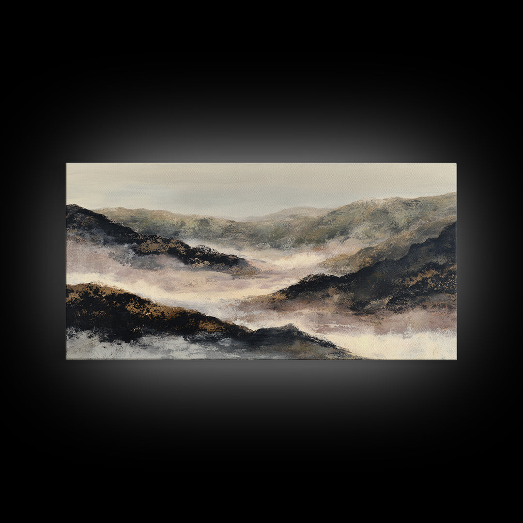 Charcoal Mountain Landscape Framed Canvas Print, Monochrome Art, Boho Wall Art, Living Room Decor, Mono, Neutral Decor, MON-2x1-96