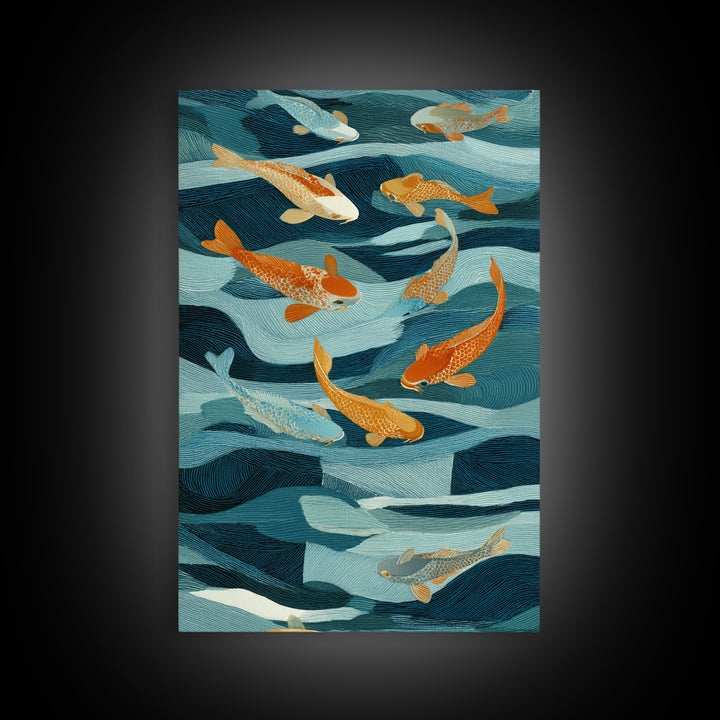 Teal Koi Fish on Tonal Water Framed Canvas Print, Monochrome Art, Wall Art, Living Room Decor, Fine Art, Mono, Abstract Art, MON-2x3-1