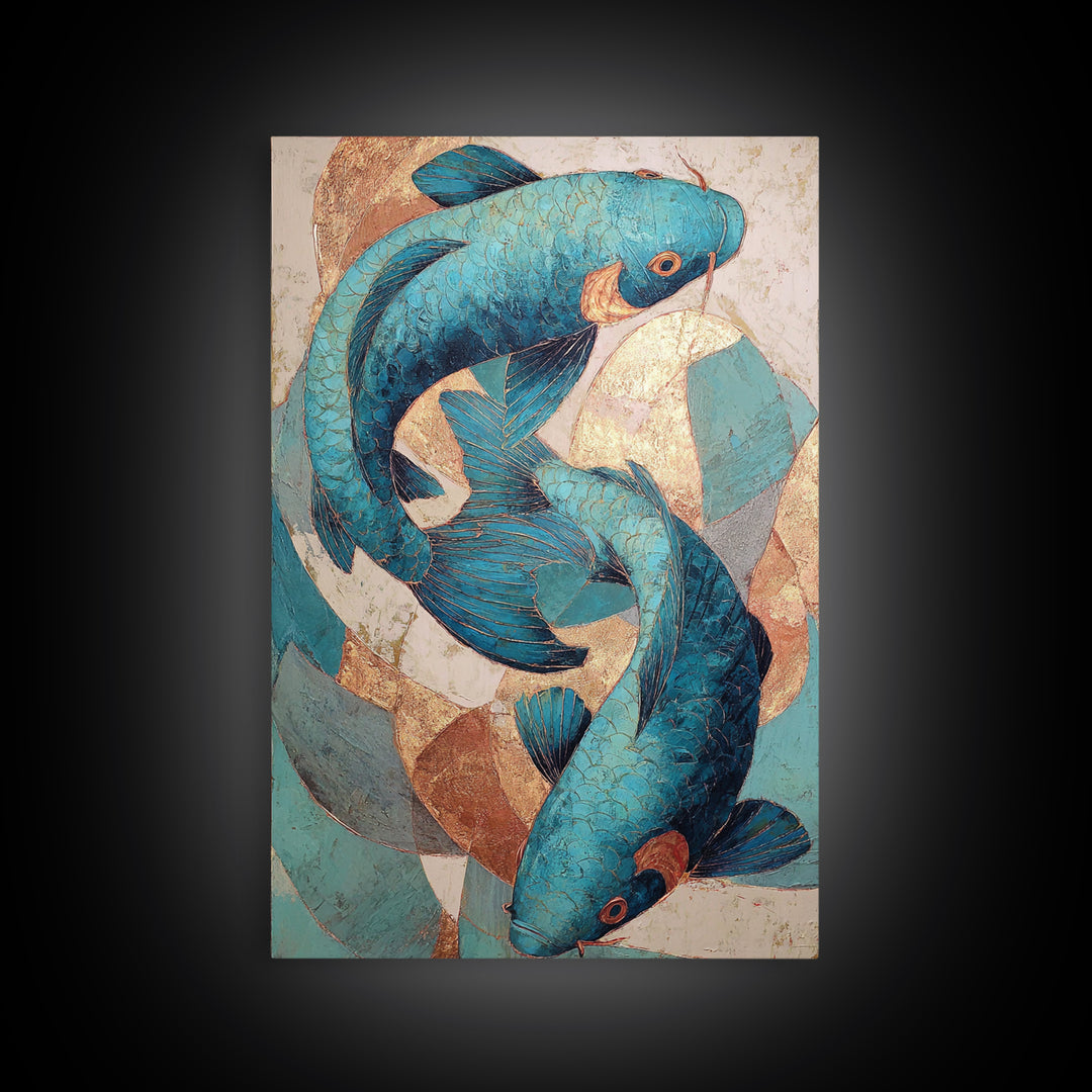 Teal Koi Fish on Tonal Water Framed Canvas Print, Monochrome Art, Wall Art, Living Room Decor, Fine Art, Mono, Abstract Art, MON-2x3-25