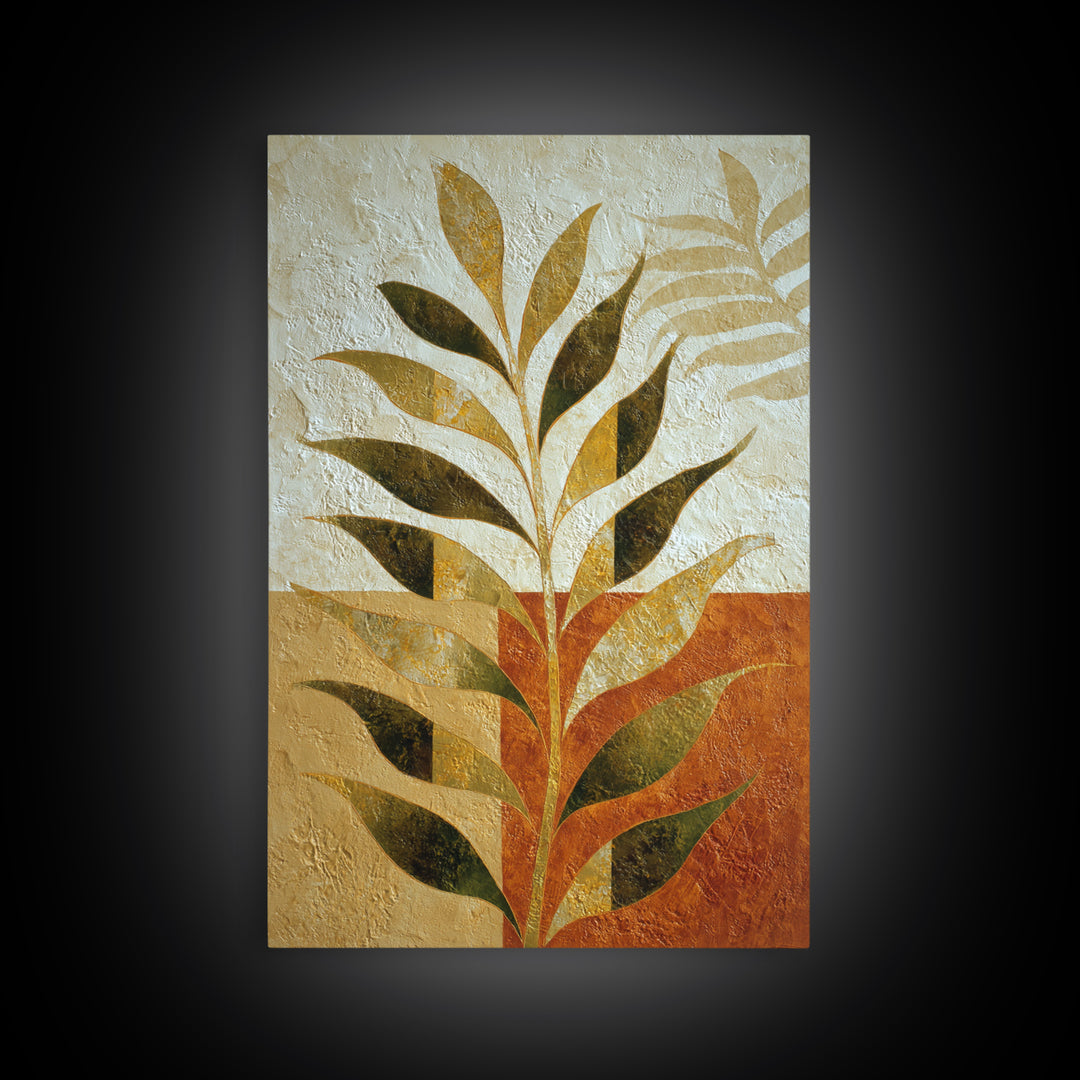 Olive Green Abstract Leaf Pattern Framed Canvas Print, Monochrome Art, Bedroom Decor, Living Room Decor, Oil Painting, Mono, MON-2x3-28