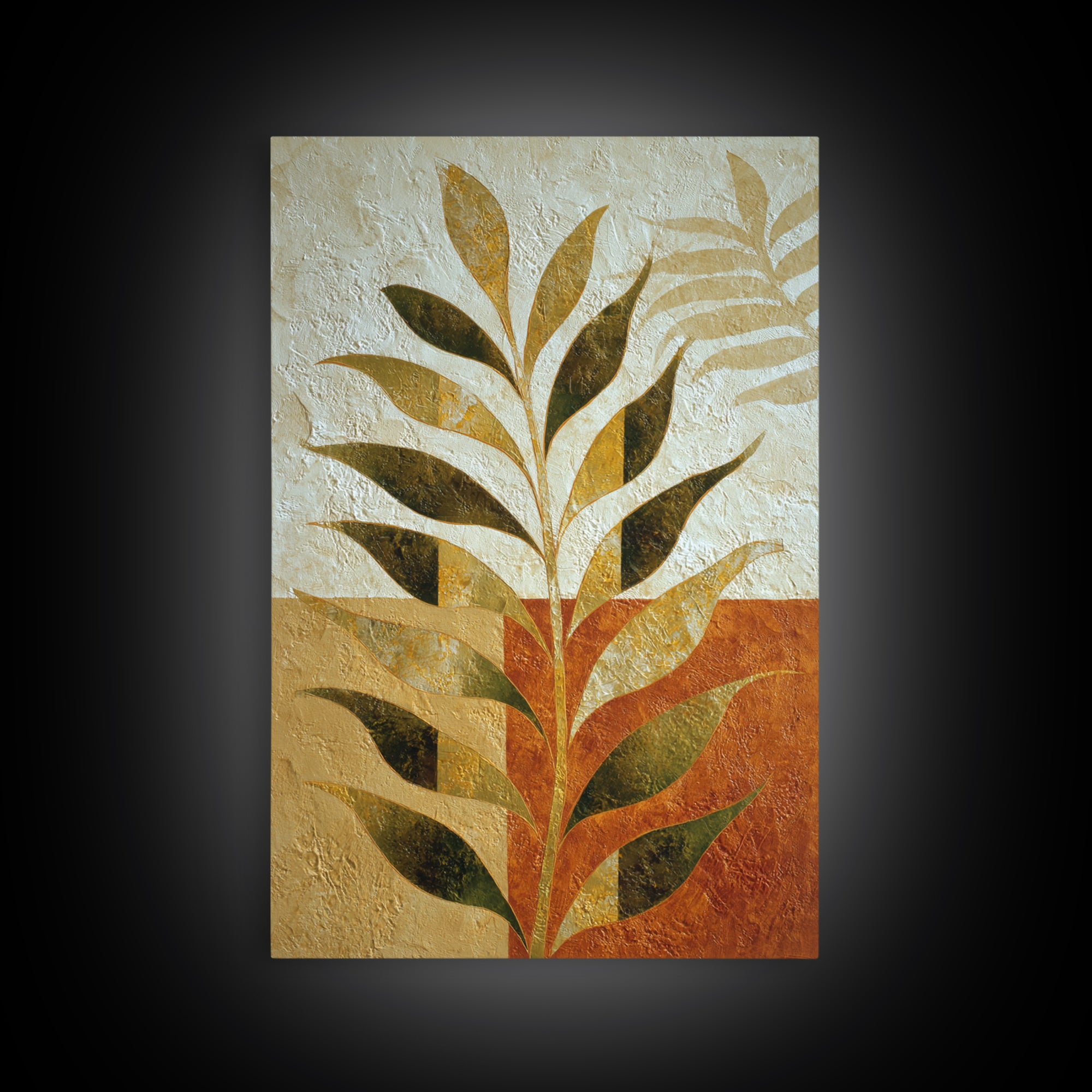 Olive Green Abstract Leaf Pattern Framed Canvas Print, Monochrome Art, Bedroom Decor, Living Room Decor, Oil Painting, Mono, MON-2x3-28