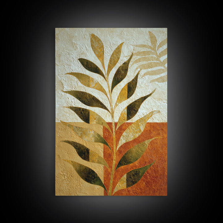 Olive Green Abstract Leaf Pattern Framed Canvas Print, Monochrome Art, Bedroom Decor, Living Room Decor, Oil Painting, Mono, MON-2x3-28