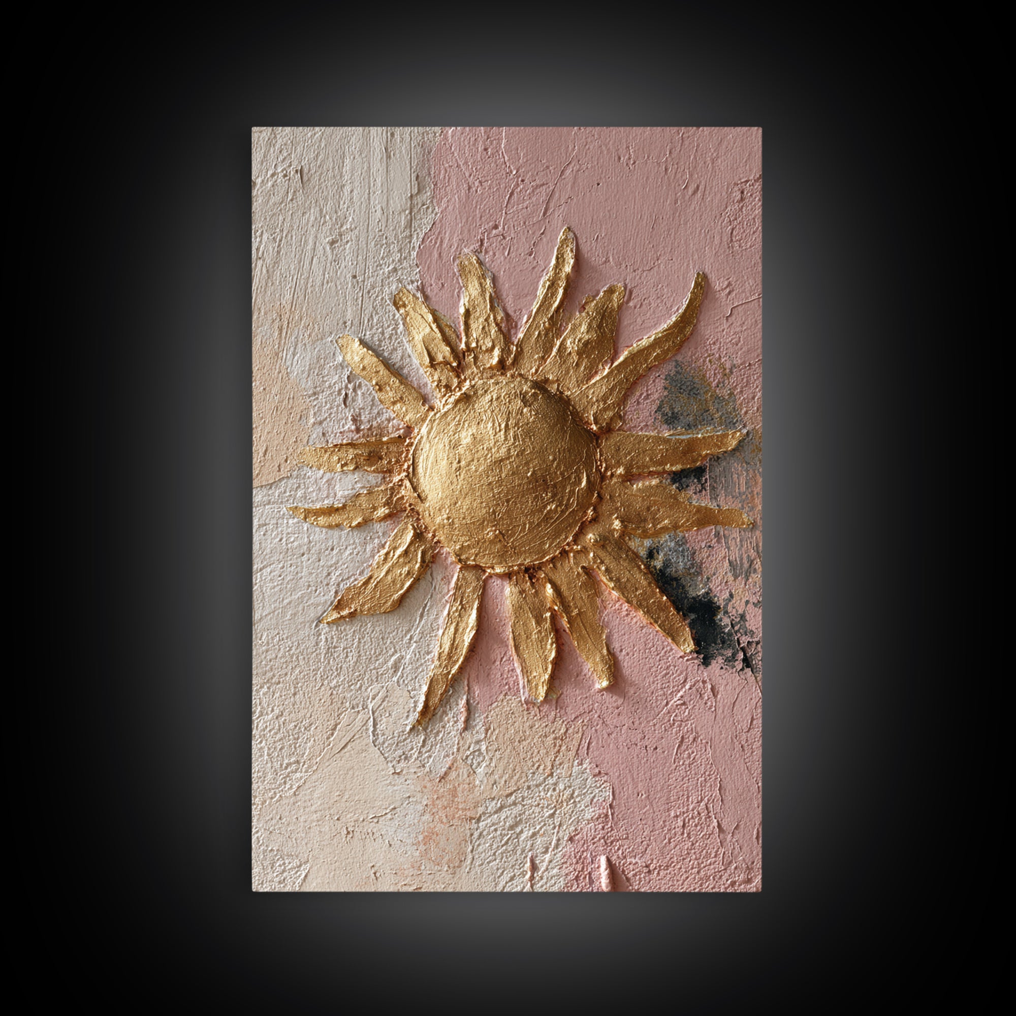 Gold Tonal Sunburst Medallion Framed Canvas Print, Monochrome Art, Textured Painting, Living Room Decor, Fine Art, Mono, MON-2x3-46