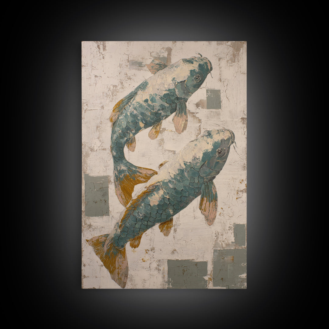 Teal Koi Fish on Tonal Water Canvas Print, Monochrome Art, Digital Art, Living Room Decor, Fine Art, Mono, Dark Academia Decor, MON-2x3-49
