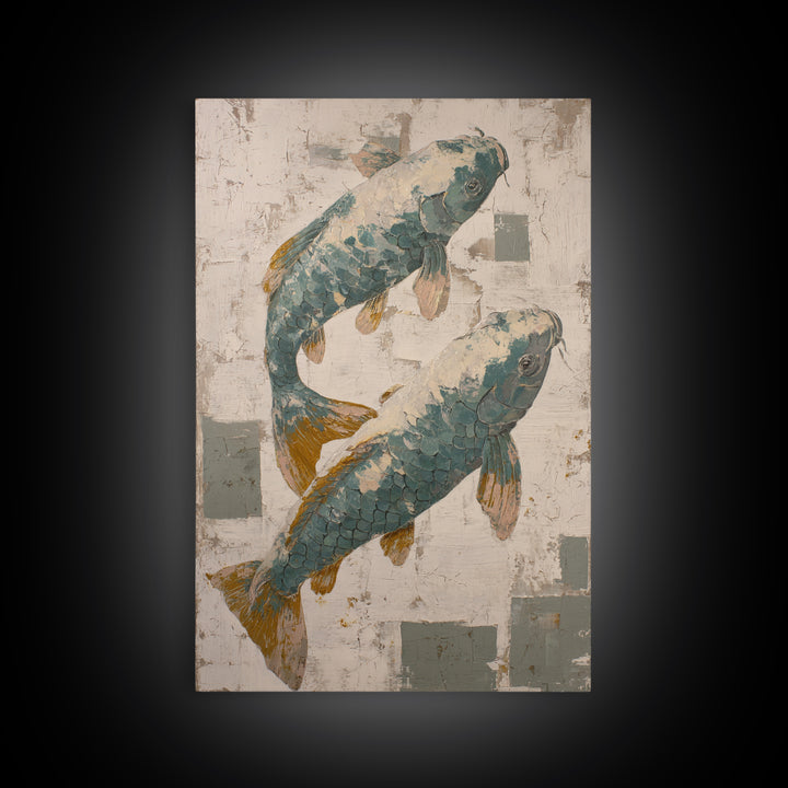 Teal Koi Fish on Tonal Water Canvas Print, Monochrome Art, Digital Art, Living Room Decor, Fine Art, Mono, Dark Academia Decor, MON-2x3-49