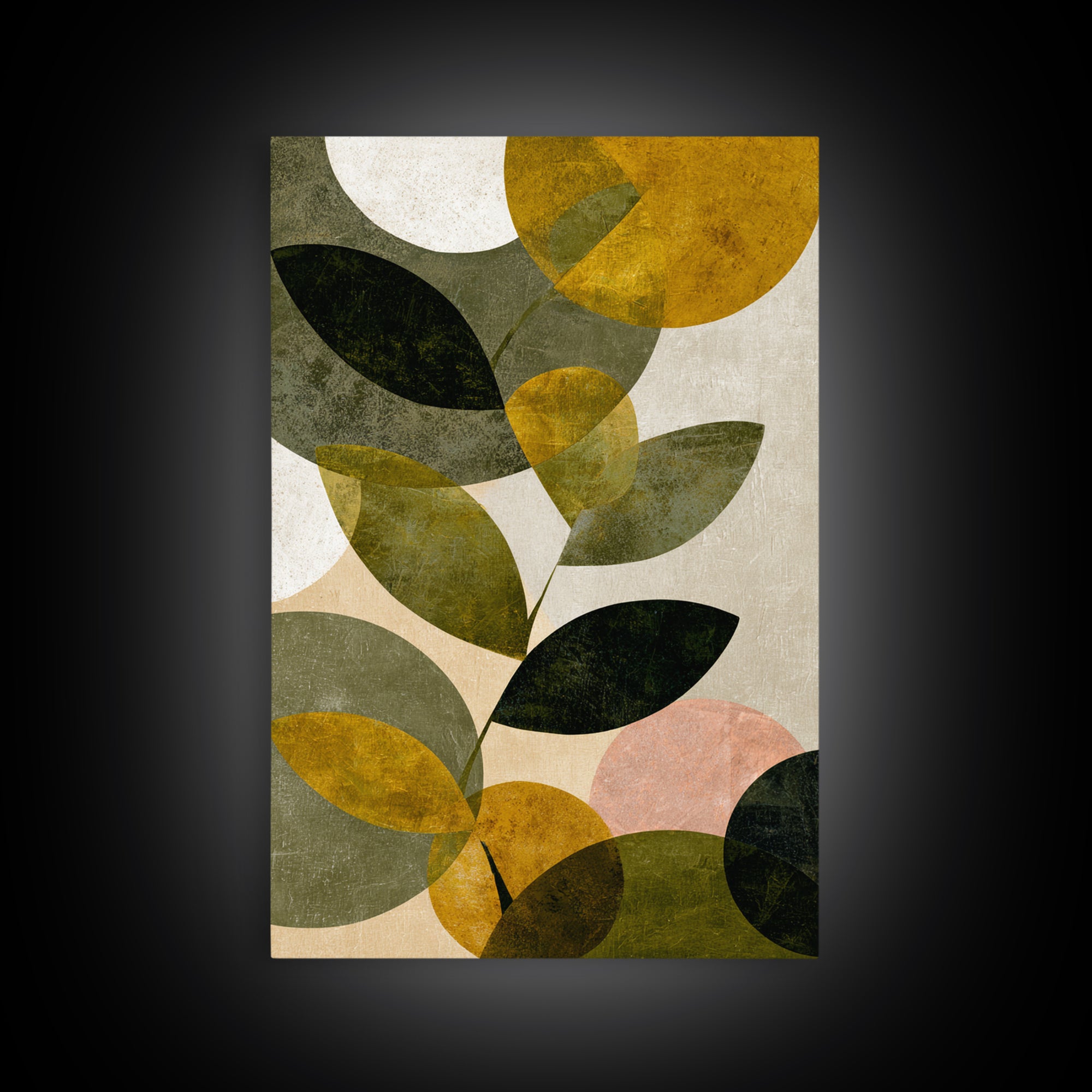 Olive Green Abstract Leaf Pattern Framed Canvas Print, Monochrome Art, Boho Decor, Living Room Decor, Fine Art, Mono, MON-2x3-52