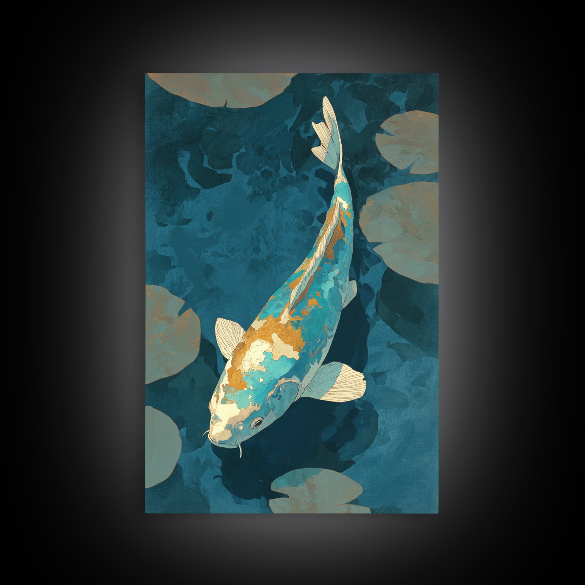 Teal Koi Fish on Tonal Water Framed Canvas Print, Monochrome Art, Original Art, Living Room Decor, Fine Art, Mono, Bird Art, MON-2x3-73