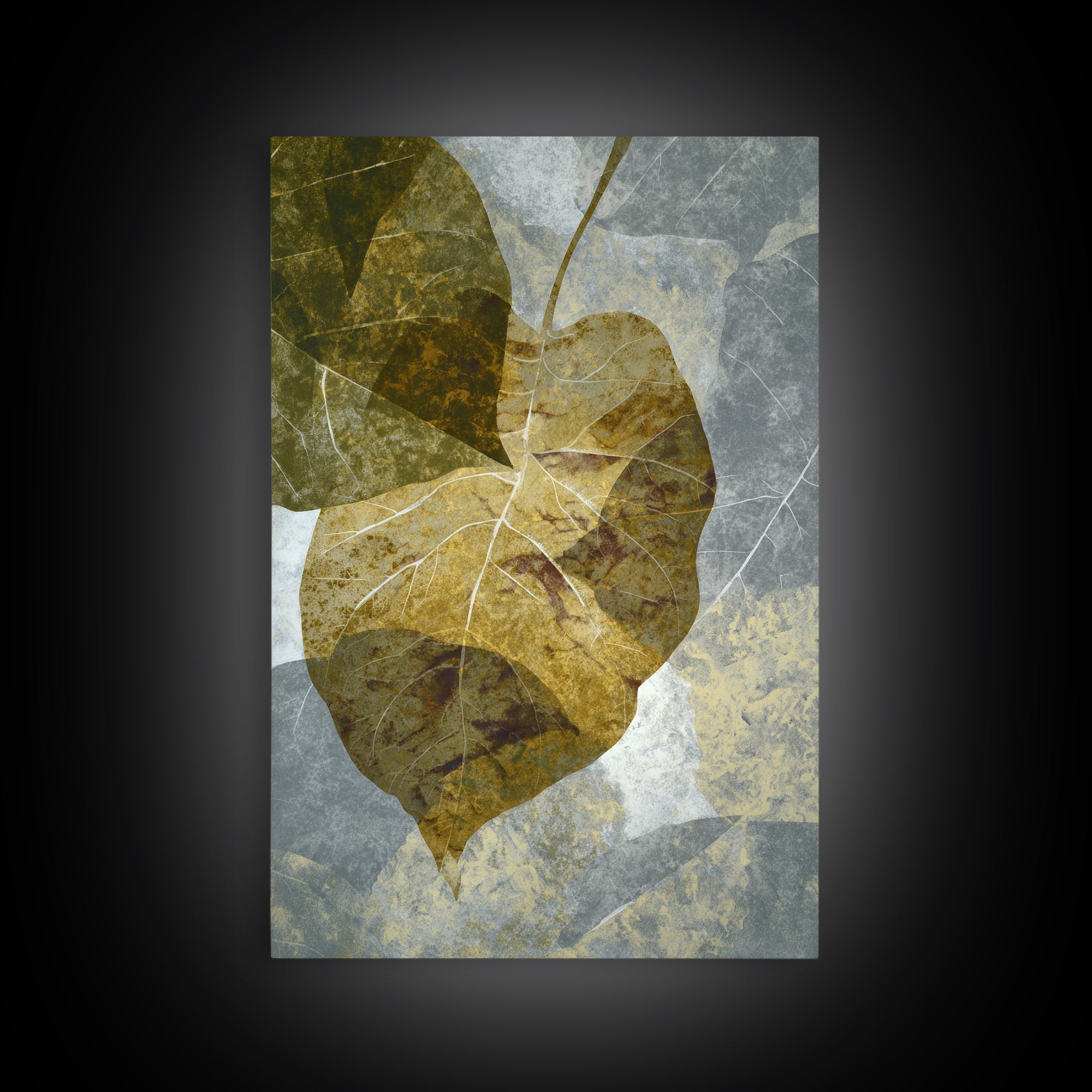Olive Green Abstract Leaf Pattern Framed Canvas Print, Monochrome Art, Digital Print, Living Room Decor, Fine Art, Mono, MON-2x3-76