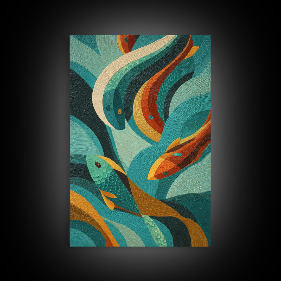Teal Koi Fish on Tonal Water Framed Canvas Print, Monochrome Art, Original Art, Living Room Decor, Fine Art, Mono, Bird Art, MON-2x3-97