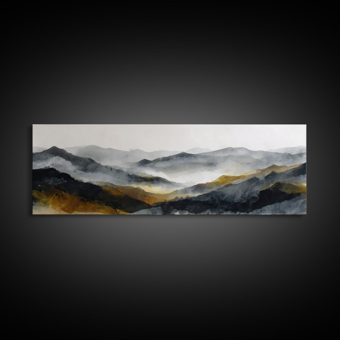 Charcoal Mountain Landscape Canvas Print, Monochrome Art, Abstract Painting, Living Room Decor, Oil Painting, Mono, MON-3x1-20