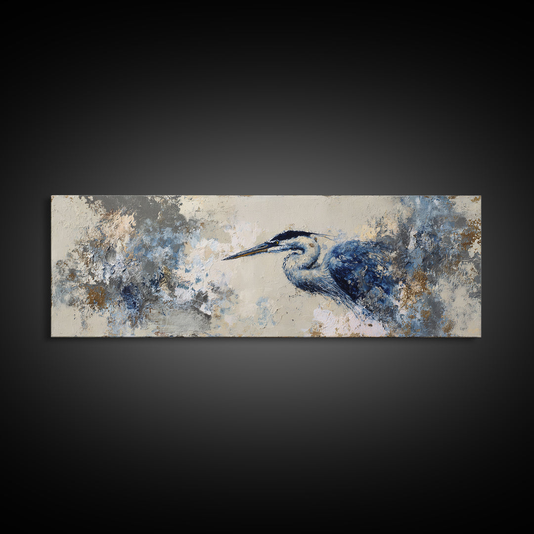 Blue Heron in Monochrome Navy Palette Canvas Print, Monochrome Art, Wallpaper Mural, Living Room Decor, Fine Art, Mono, MON-3x1-24