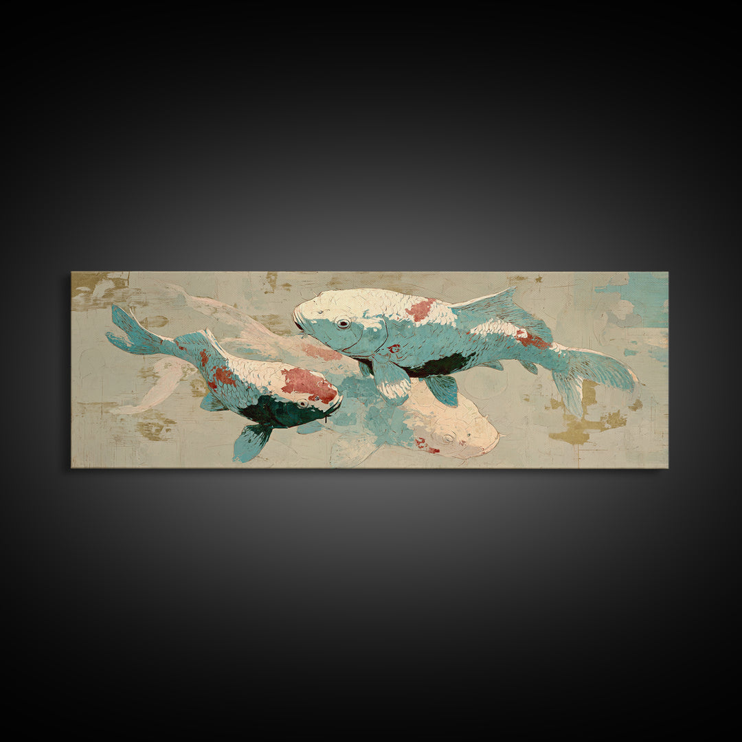 Teal Koi Fish on Tonal Water Canvas Print, Monochrome Art, Digital Print, Living Room Decor, Fine Art, Mono, Modern Art, MON-3x1-33