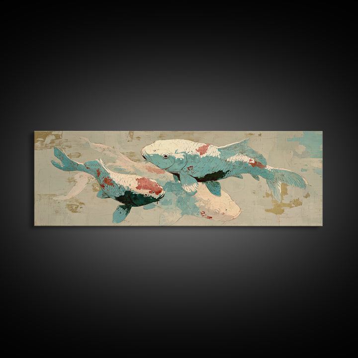 Teal Koi Fish on Tonal Water Canvas Print, Monochrome Art, Digital Print, Living Room Decor, Fine Art, Mono, Modern Art, MON-3x1-33