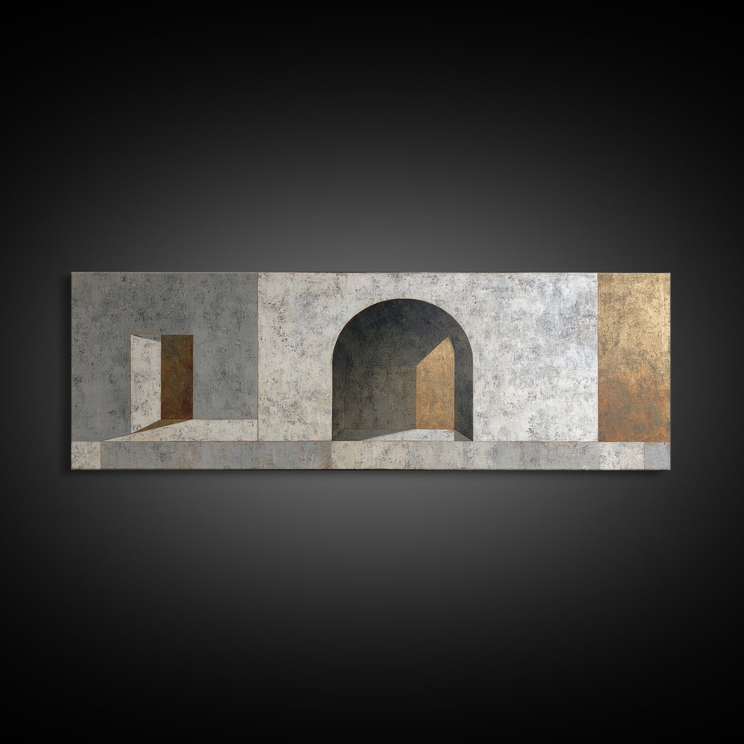 Gray Architectural Arch and Shadow Study Canvas Print, Monochrome Art, Large Wall Art, Living Room Decor, Watercolor Art, Mono, MON-3x1-50