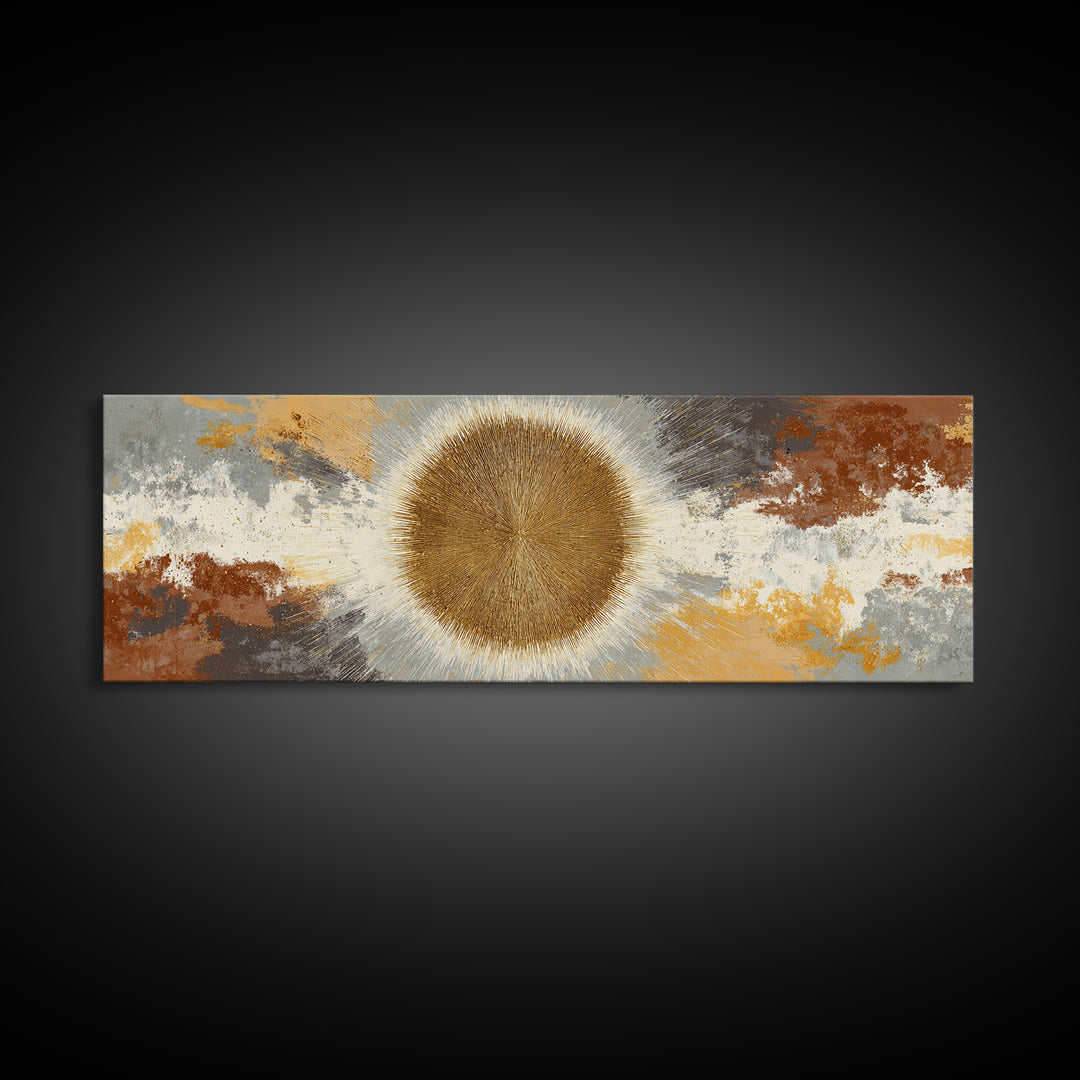 Gold Tonal Sunburst Medallion Canvas Print, Monochrome Art, Modern Wall Art, Living Room Decor, Mono, Statement Artwork, MON-3x1-54