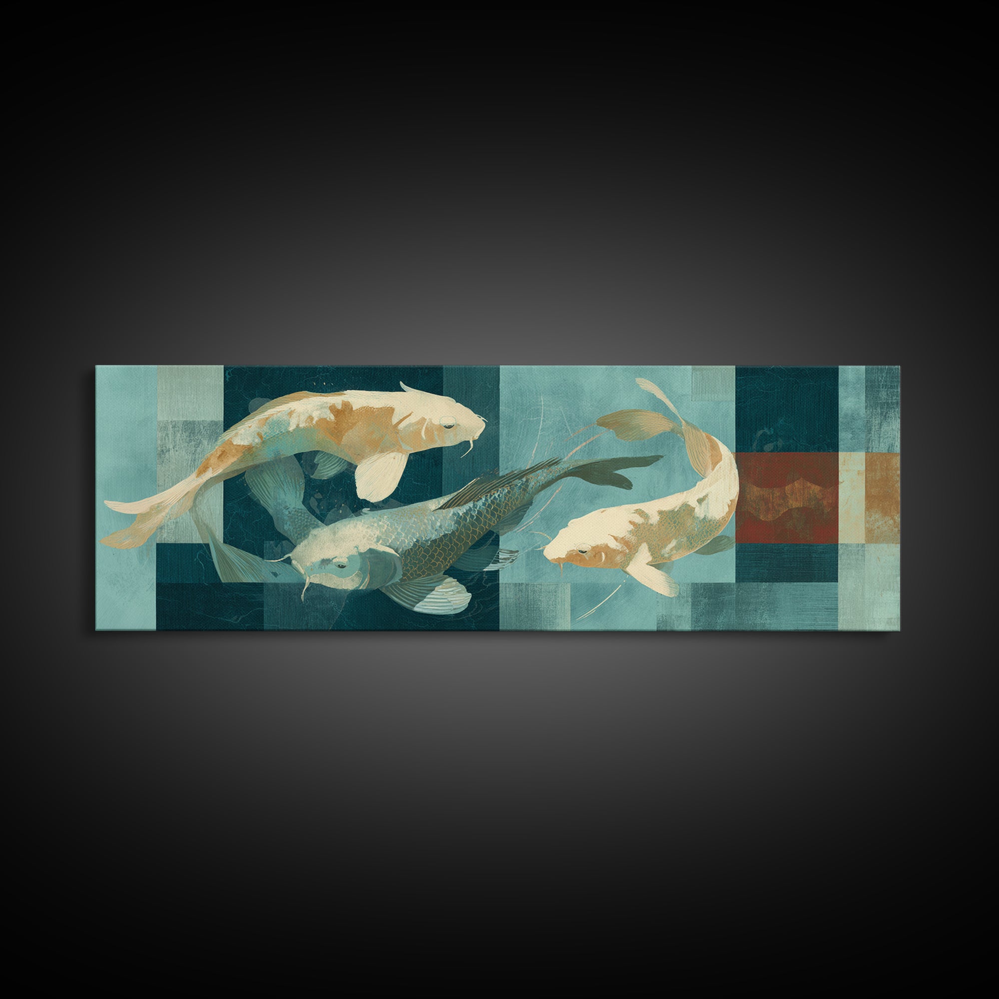 Teal Koi Fish on Tonal Water Framed Canvas Print, Monochrome Art, Dopamine Decor, Living Room Decor, Mono, Modern Decor, MON-3x1-57