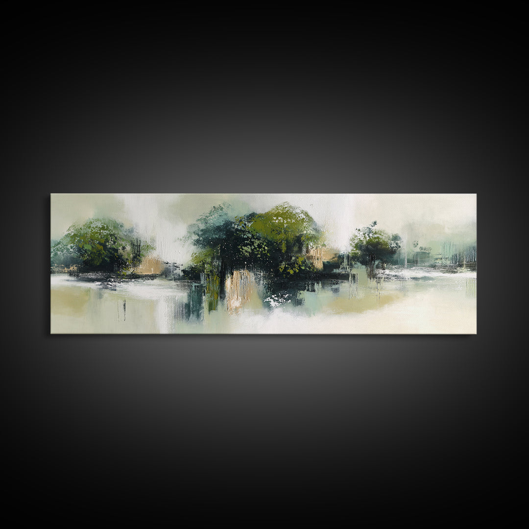 Deep Green Forest Silhouette Study Framed Canvas Print, Monochrome Art, Boho Wall Art, Living Room Decor, Oil Painting, Mono, MON-3x1-77