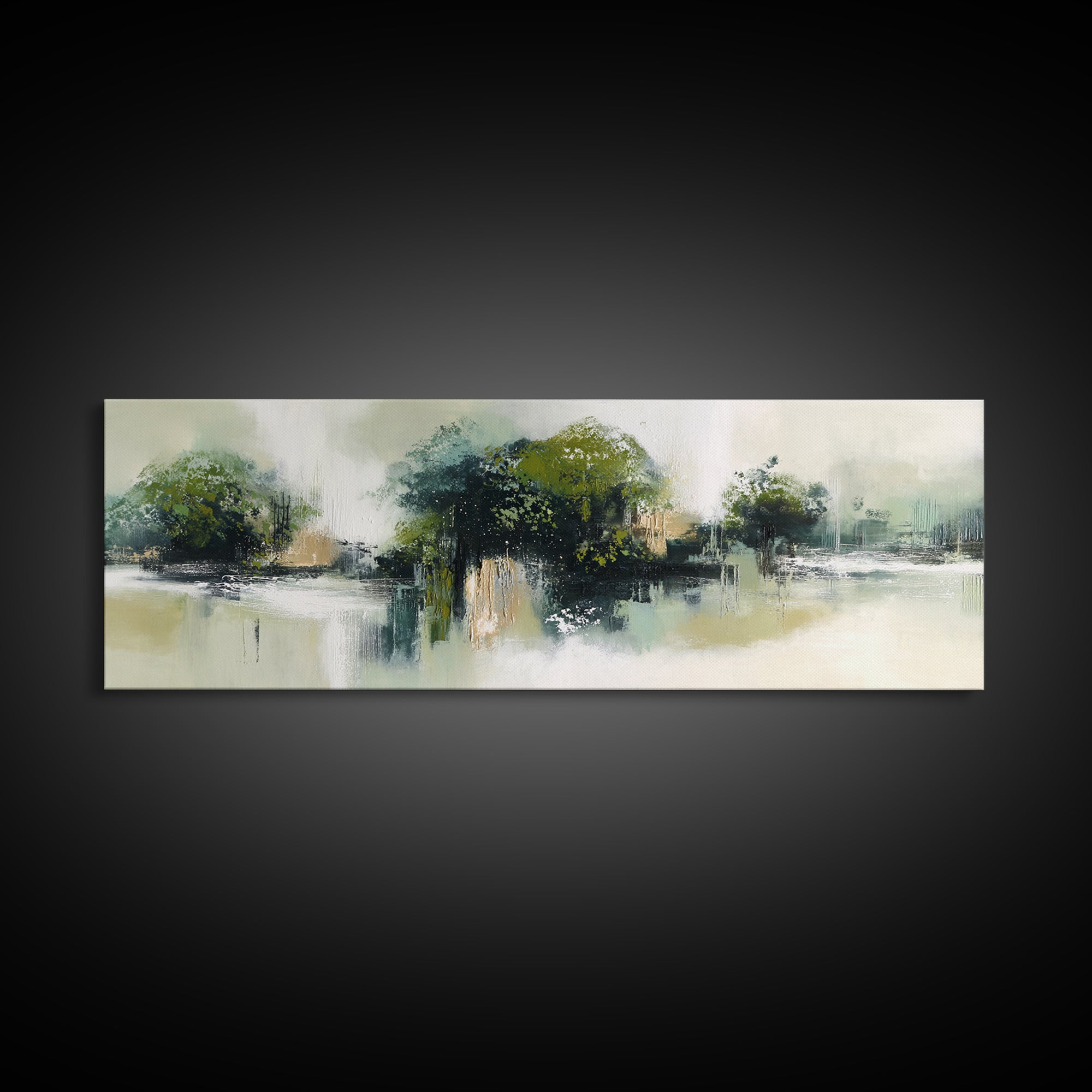Deep Green Forest Silhouette Study Framed Canvas Print, Monochrome Art, Boho Wall Art, Living Room Decor, Oil Painting, Mono, MON-3x1-77
