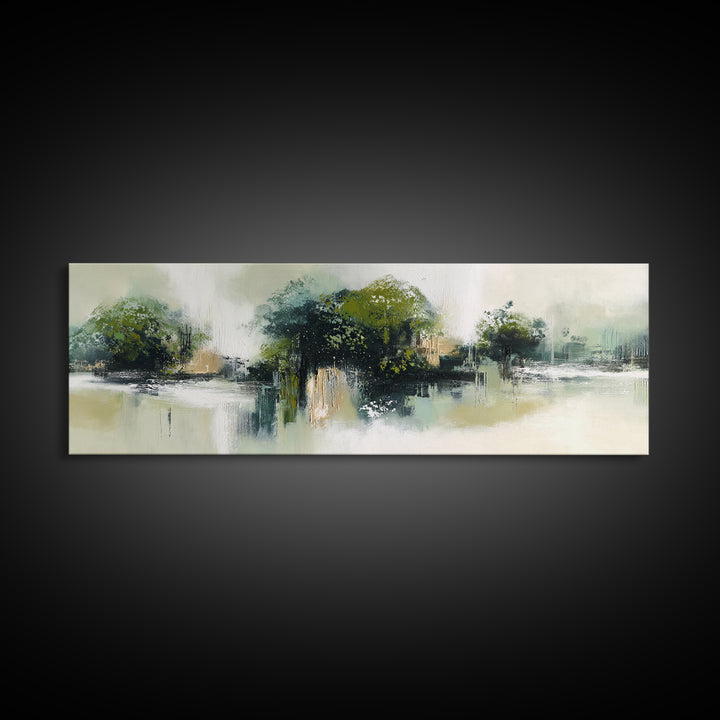 Deep Green Forest Silhouette Study Framed Canvas Print, Monochrome Art, Boho Wall Art, Living Room Decor, Oil Painting, Mono, MON-3x1-77