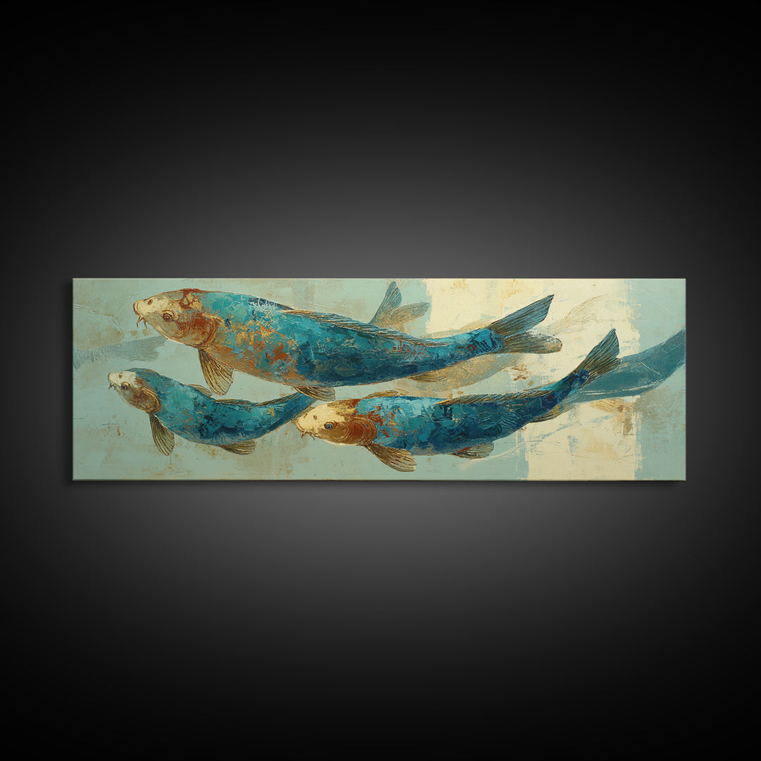 Teal Koi Fish on Tonal Water Framed Canvas Print, Monochrome Art, Dopamine Decor, Living Room Decor, Mono, Modern Decor, MON-3x1-81