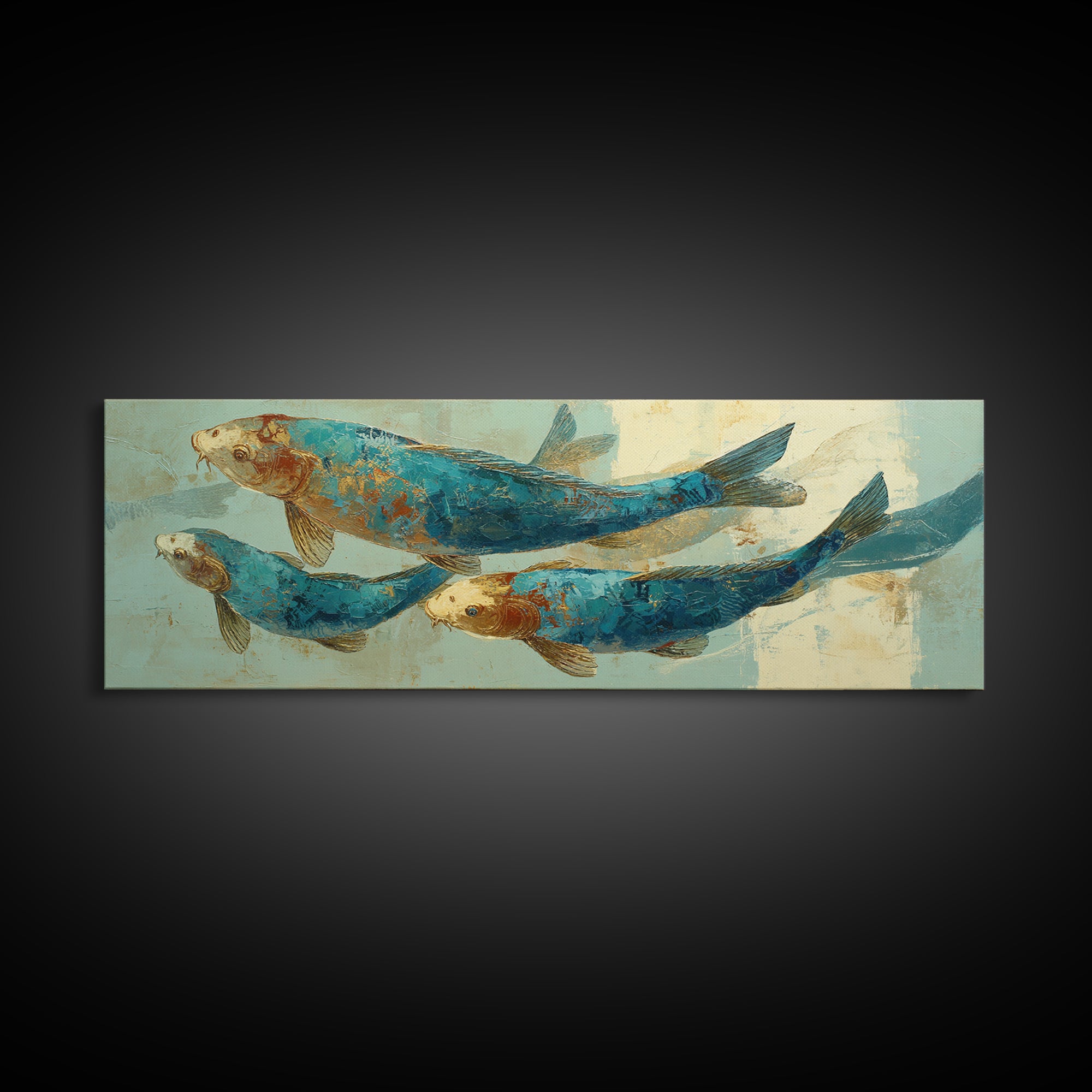 Teal Koi Fish on Tonal Water Framed Canvas Print, Monochrome Art, Dopamine Decor, Living Room Decor, Mono, Modern Decor, MON-3x1-81