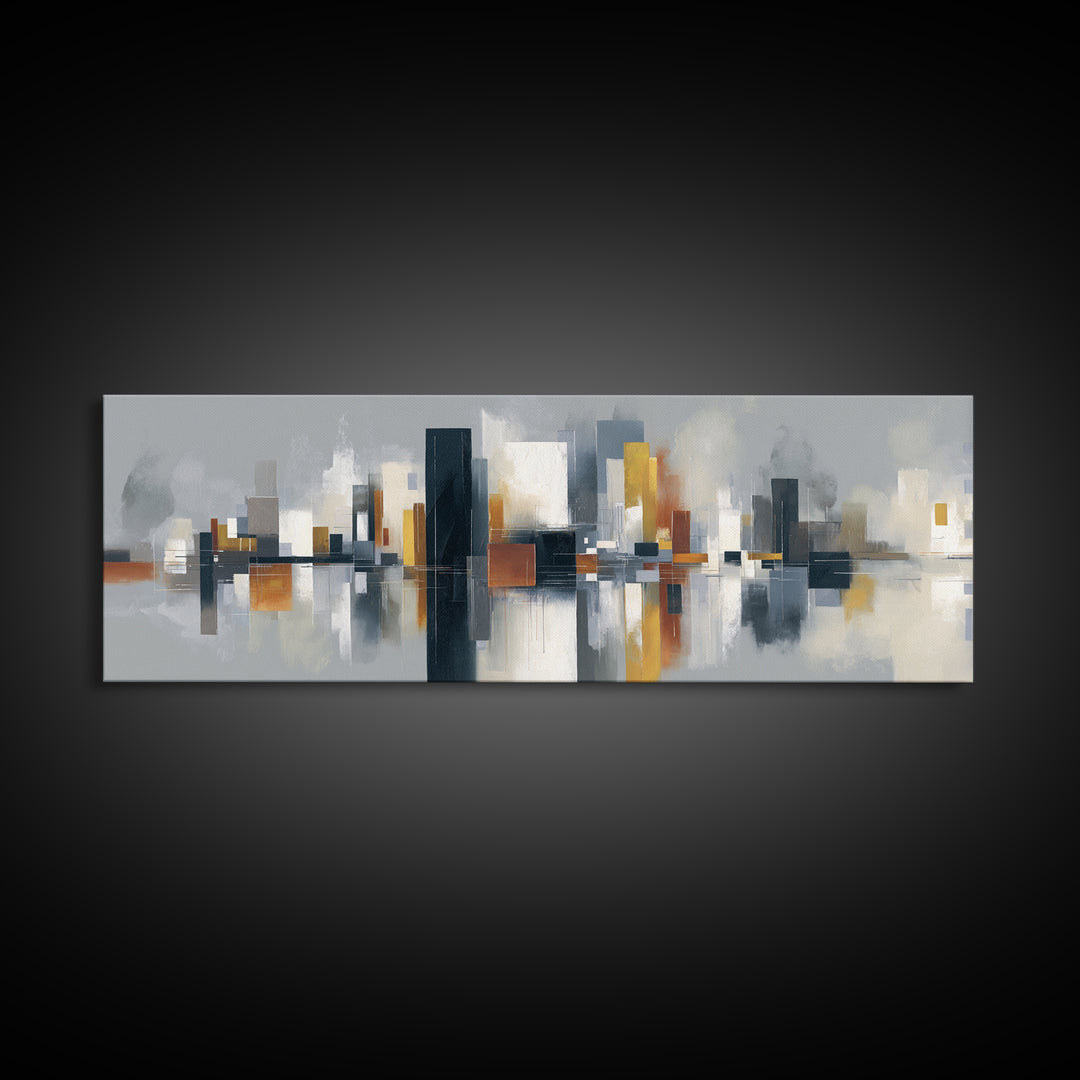 Black and White City Reflection Canvas Print, Monochrome Art, Unique Wall Art, Living Room Decor, Oil Painting, Mono, MON-3x1-85