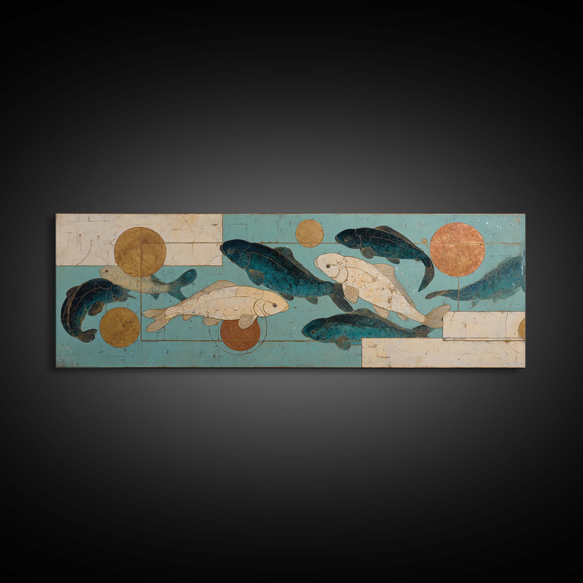Teal Koi Fish on Tonal Water Framed Canvas Print, Monochrome Art, Digital Wall Art, Living Room Decor, Fine Art, Mono, MON-3x1-9