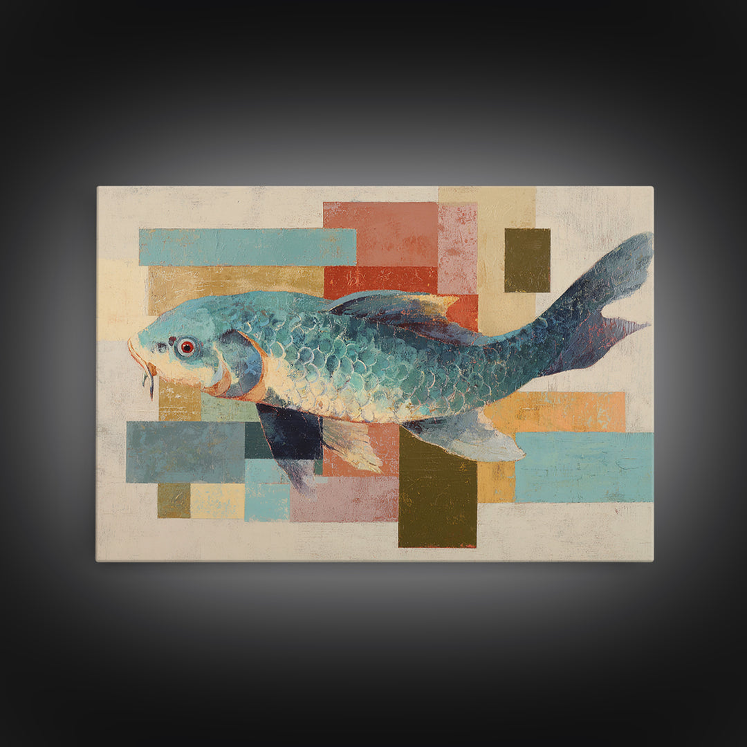 Teal Koi Fish on Tonal Water Canvas Print, Monochrome Art, Printable Art, Living Room Decor, Mono, Minimalist Wall Art, MON-3x2-21