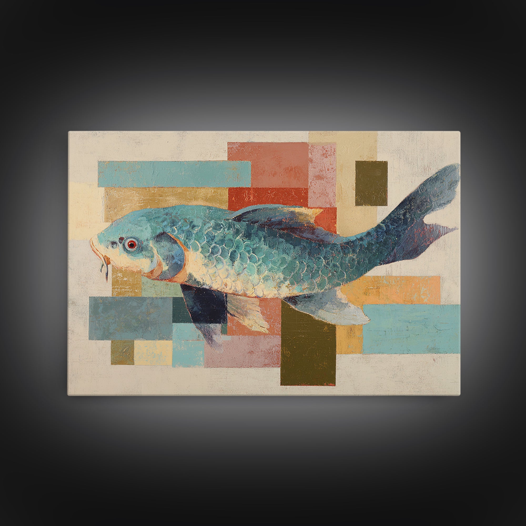Teal Koi Fish on Tonal Water Canvas Print, Monochrome Art, Printable Art, Living Room Decor, Mono, Minimalist Wall Art, MON-3x2-21