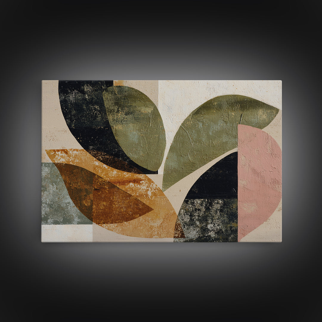 Olive Green Abstract Leaf Pattern Framed Canvas Print, Monochrome Art, Digital Print, Living Room Decor, Fine Art, Mono, MON-3x2-24