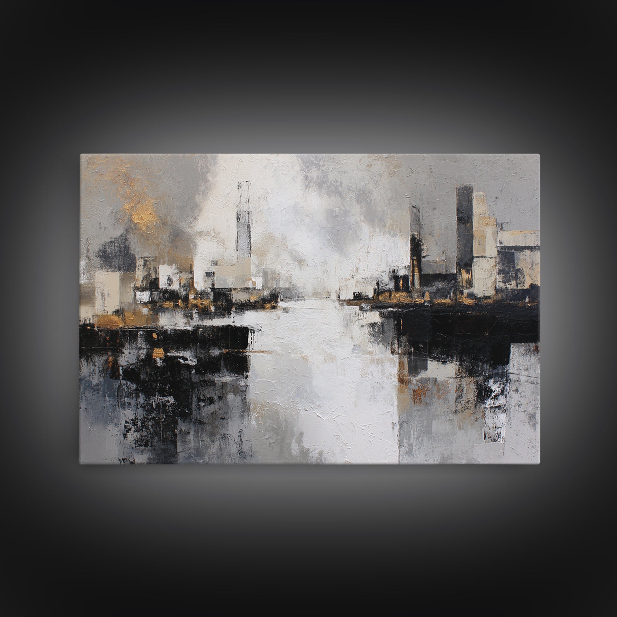 Black and White City Reflection Framed Canvas Print, Monochrome Art, Living Room Decor, Abstract Art, Mono, Gallery Decor, MON-3x2-25
