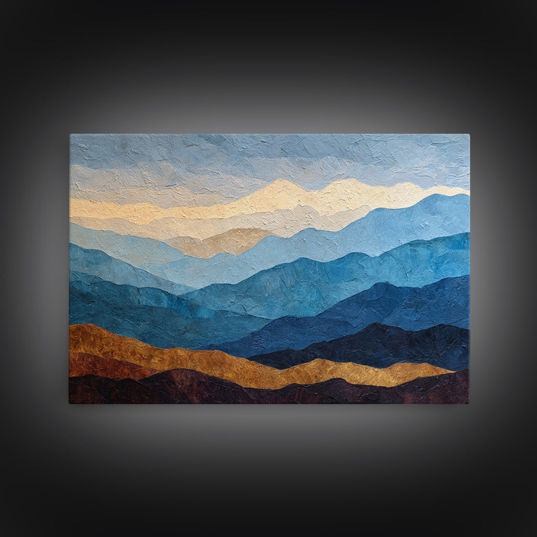 Blue Mountain Ridge Layers Framed Canvas Print, Monochrome Art, Large Wall Art, Living Room Decor, Watercolor Art, Mono, MON-3x2-28