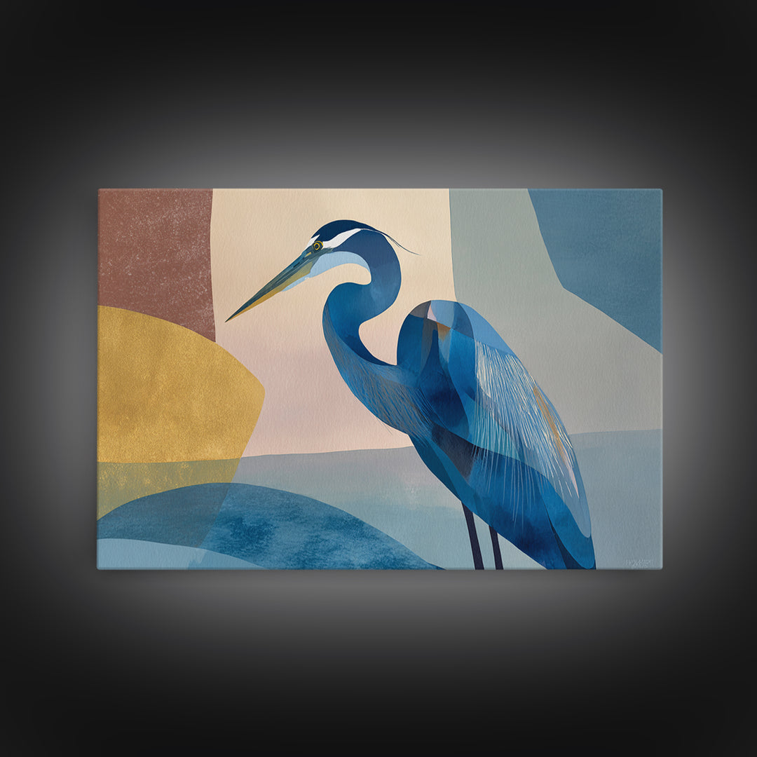 Blue Heron in Monochrome Navy Palette Framed Canvas Print, Monochrome Art, Living Room Decor, Fine Art, Mono, Gallery Decor, MON-3x2-36