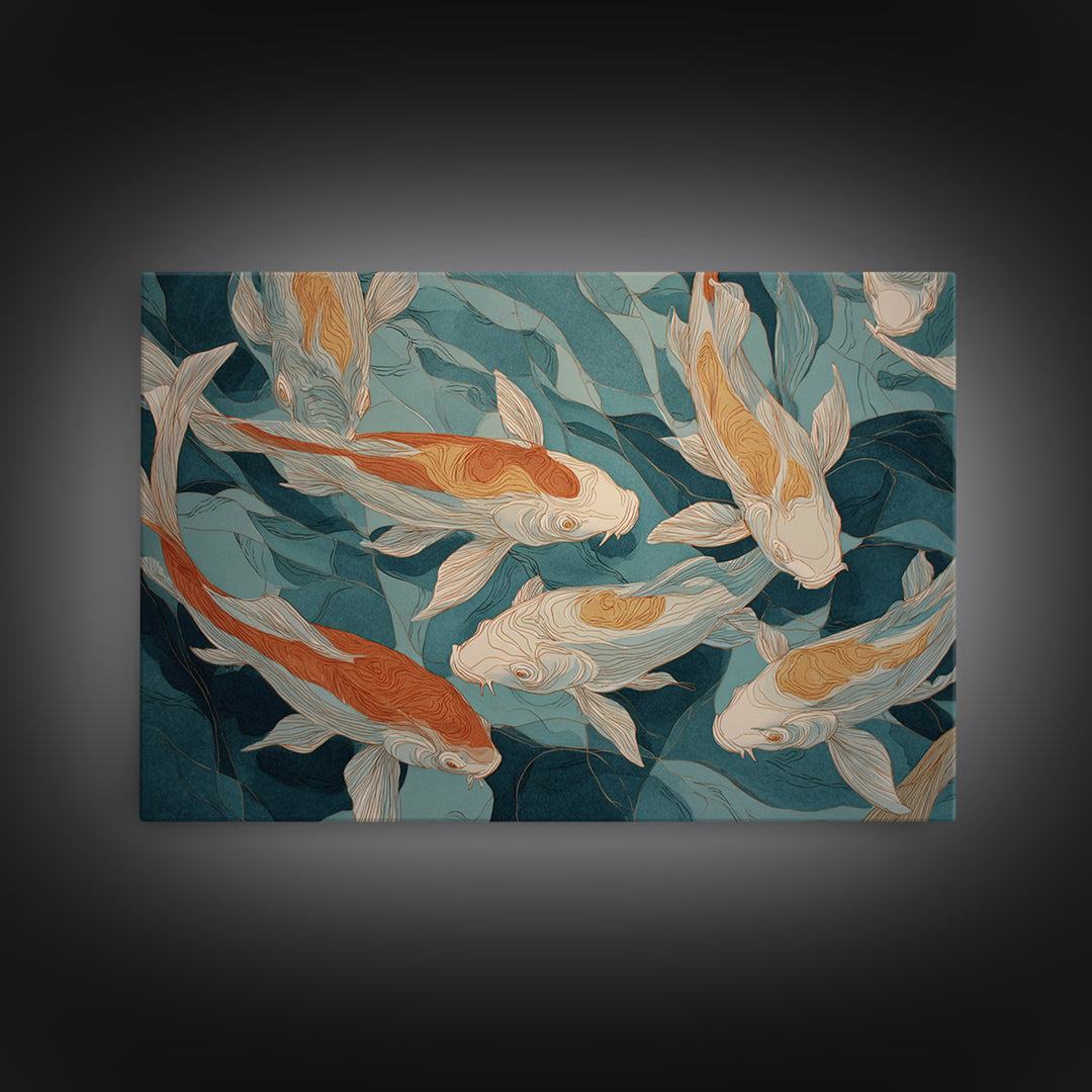 Teal Koi Fish on Tonal Water Framed Canvas Print, Monochrome Art, Modern Wall Art, Living Room Decor, Fine Art, Mono, MON-3x2-45