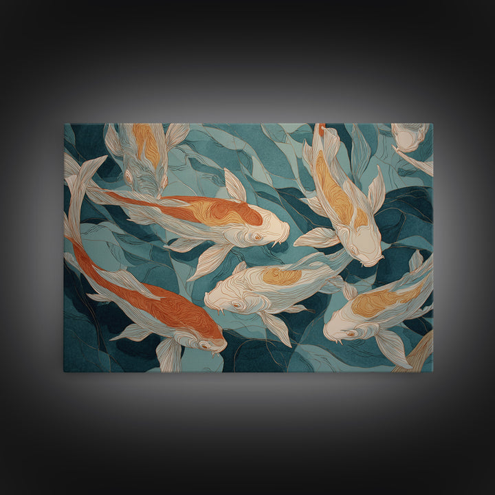 Teal Koi Fish on Tonal Water Framed Canvas Print, Monochrome Art, Modern Wall Art, Living Room Decor, Fine Art, Mono, MON-3x2-45
