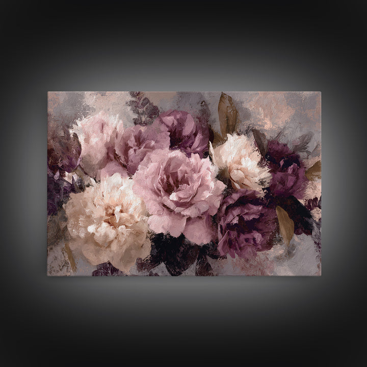Monochrome Floral Bouquet Framed Canvas Print, Monochrome Art, Textured Wall Art, Living Room Decor, Mono, Wallpaper Mural, MON-3x2-46
