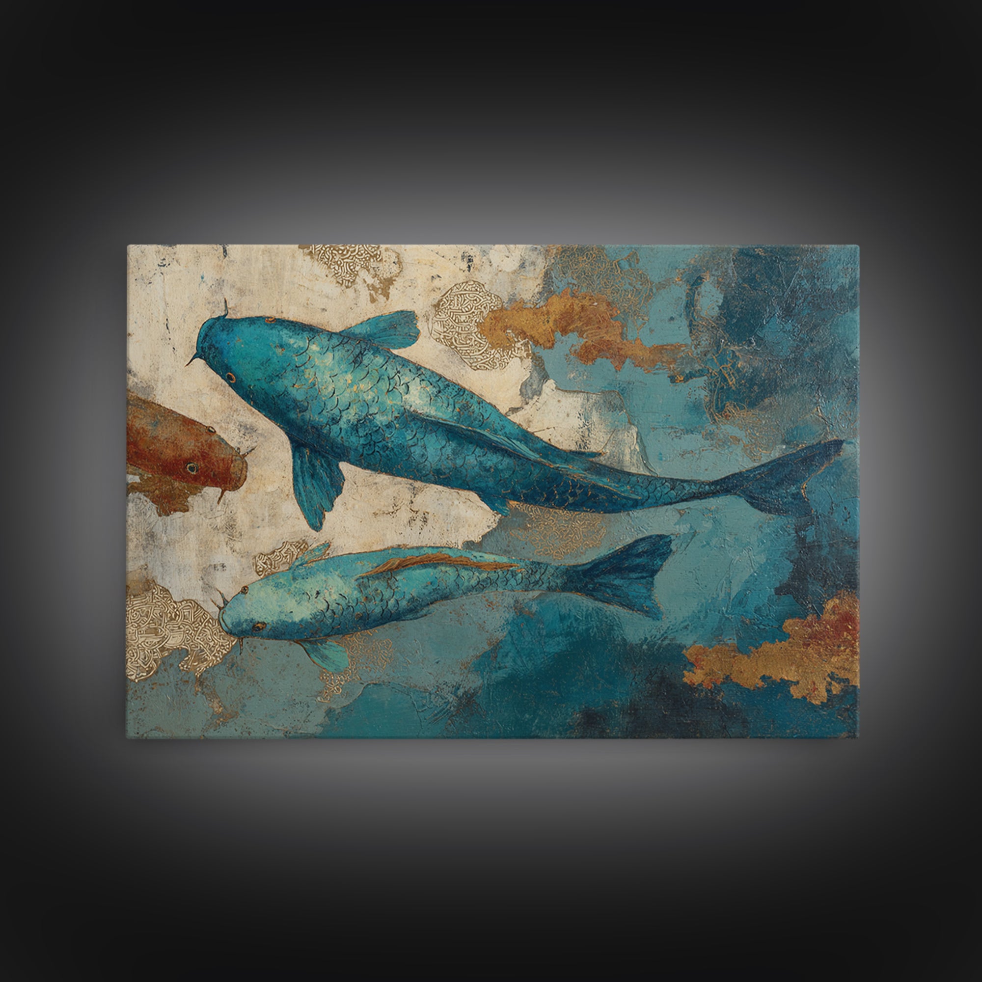 Teal Koi Fish on Tonal Water Framed Canvas Print, Monochrome Art, Modern Wall Art, Living Room Decor, Fine Art, Mono, MON-3x2-69
