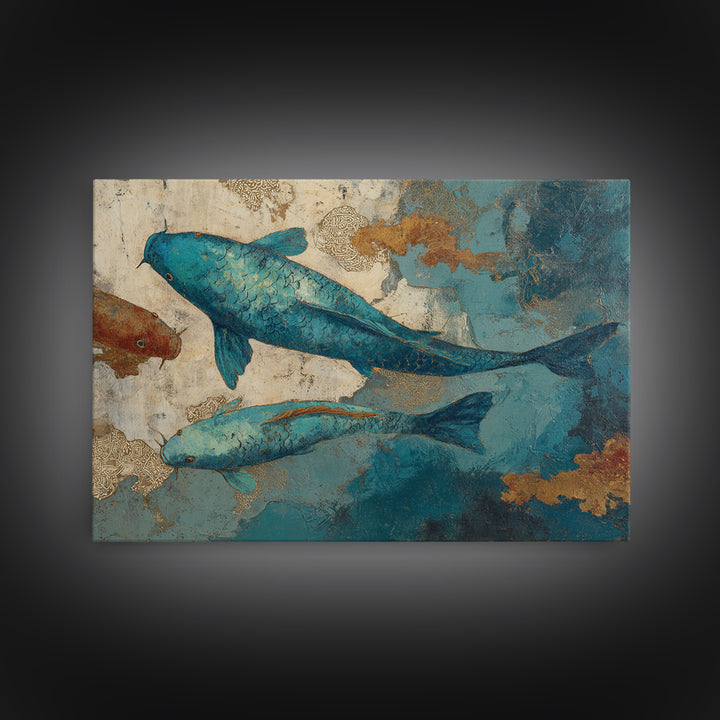 Teal Koi Fish on Tonal Water Framed Canvas Print, Monochrome Art, Modern Wall Art, Living Room Decor, Fine Art, Mono, MON-3x2-69