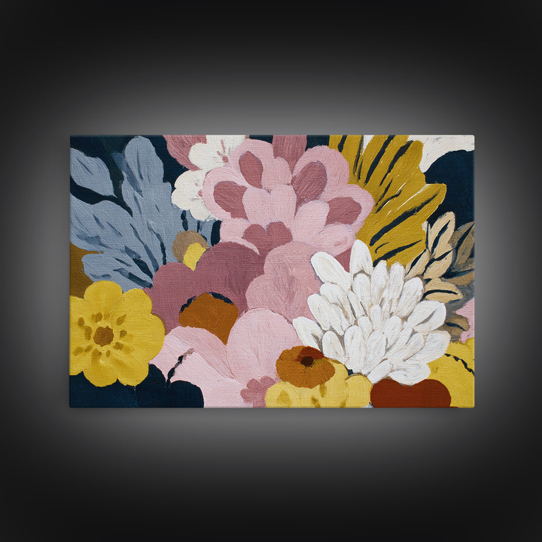 Monochrome Floral Bouquet Framed Canvas Print, Monochrome Art, Textured Wall Art, Living Room Decor, Mono, Wallpaper Mural, MON-3x2-70