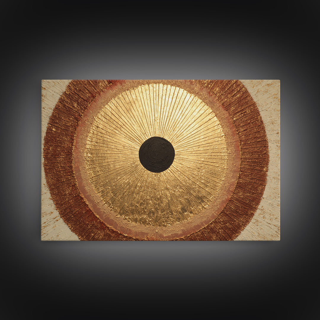 Gold Tonal Sunburst Medallion Framed Canvas Print, Monochrome Art, Dark Academia Decor, Living Room Decor, Fine Art, Mono, MON-3x2-90