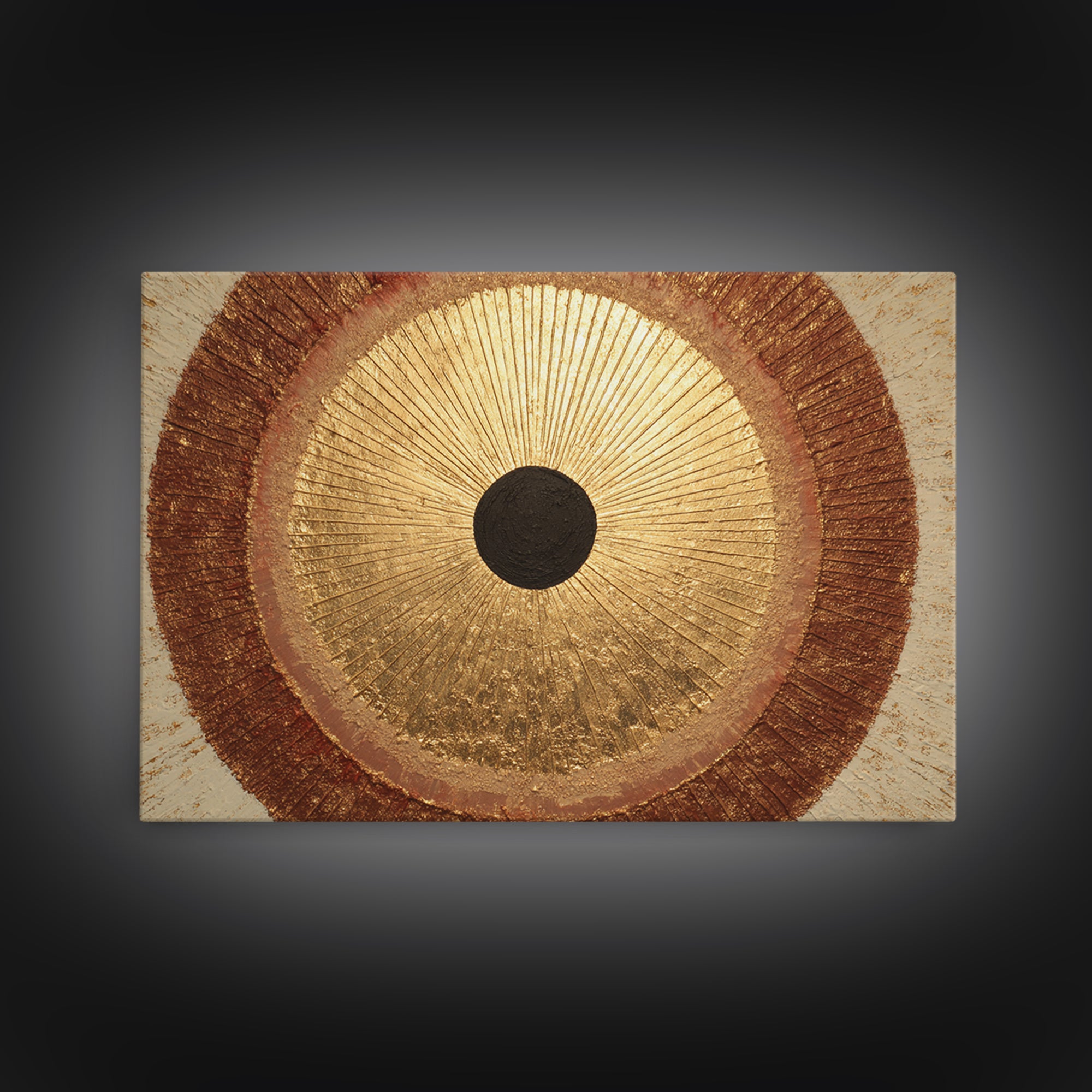 Gold Tonal Sunburst Medallion Framed Canvas Print, Monochrome Art, Dark Academia Decor, Living Room Decor, Fine Art, Mono, MON-3x2-90