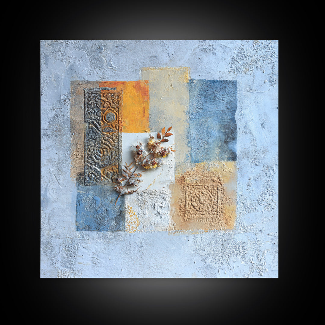 Indigo and Saffron Textile Abstraction Canvas Print, Moroccan Art, Moroccan, Living Room Decor, Abstract Art, Marrakesh, MOR-1x1-15