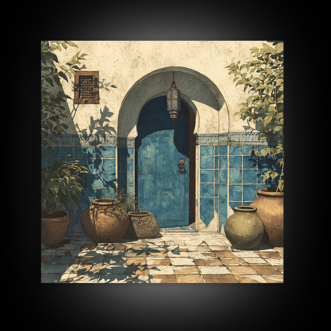 Arched Doorway with Lantern Glow and Patterned Canvas Print, Moroccan Art, Neutral Decor, Living Room Decor, Marrakesh, MOR-1x1-26