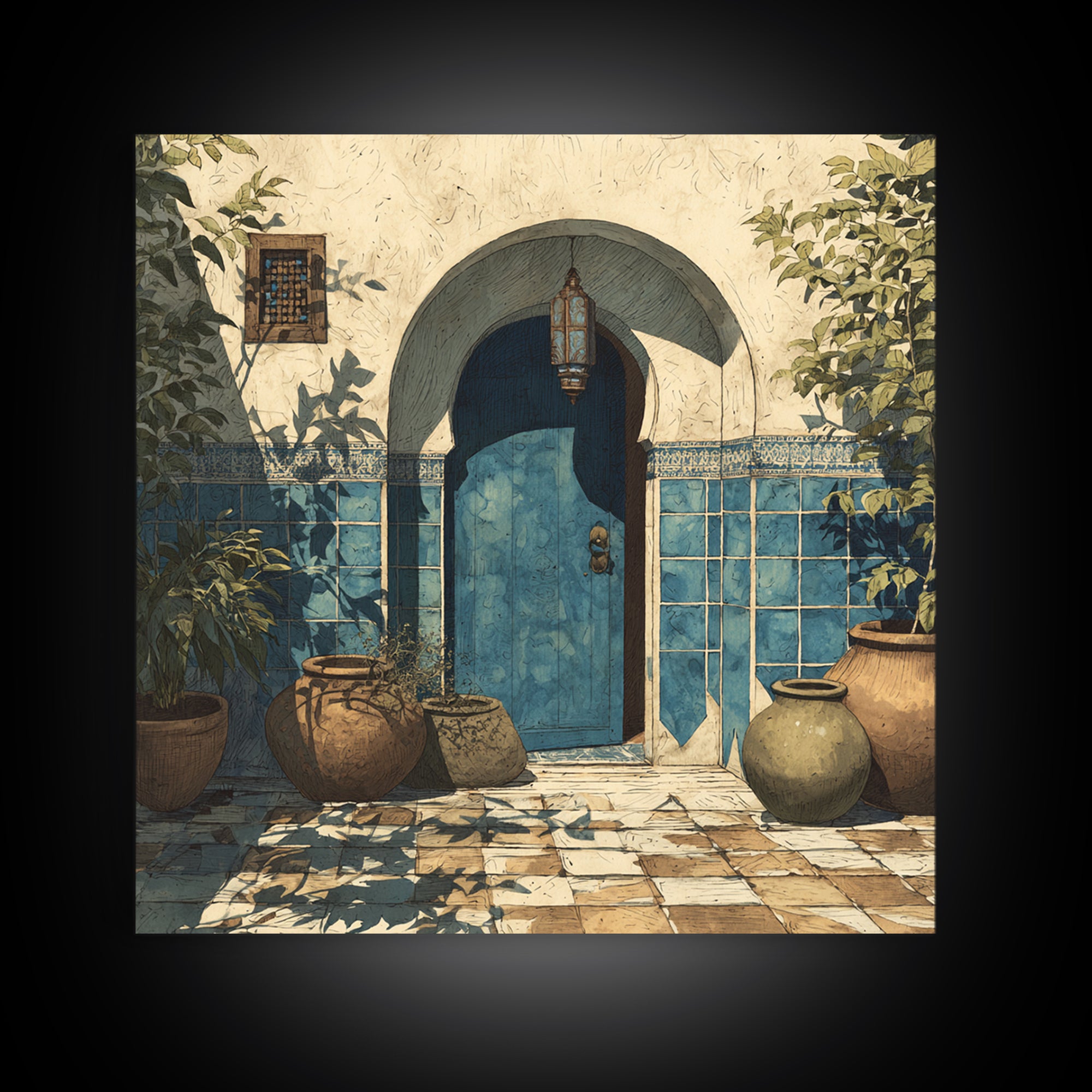 Arched Doorway with Lantern Glow and Patterned Canvas Print, Moroccan Art, Neutral Decor, Living Room Decor, Marrakesh, MOR-1x1-26