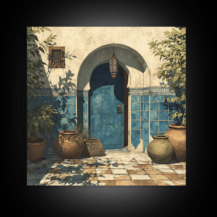 Arched Doorway with Lantern Glow and Patterned Canvas Print, Moroccan Art, Neutral Decor, Living Room Decor, Marrakesh, MOR-1x1-26