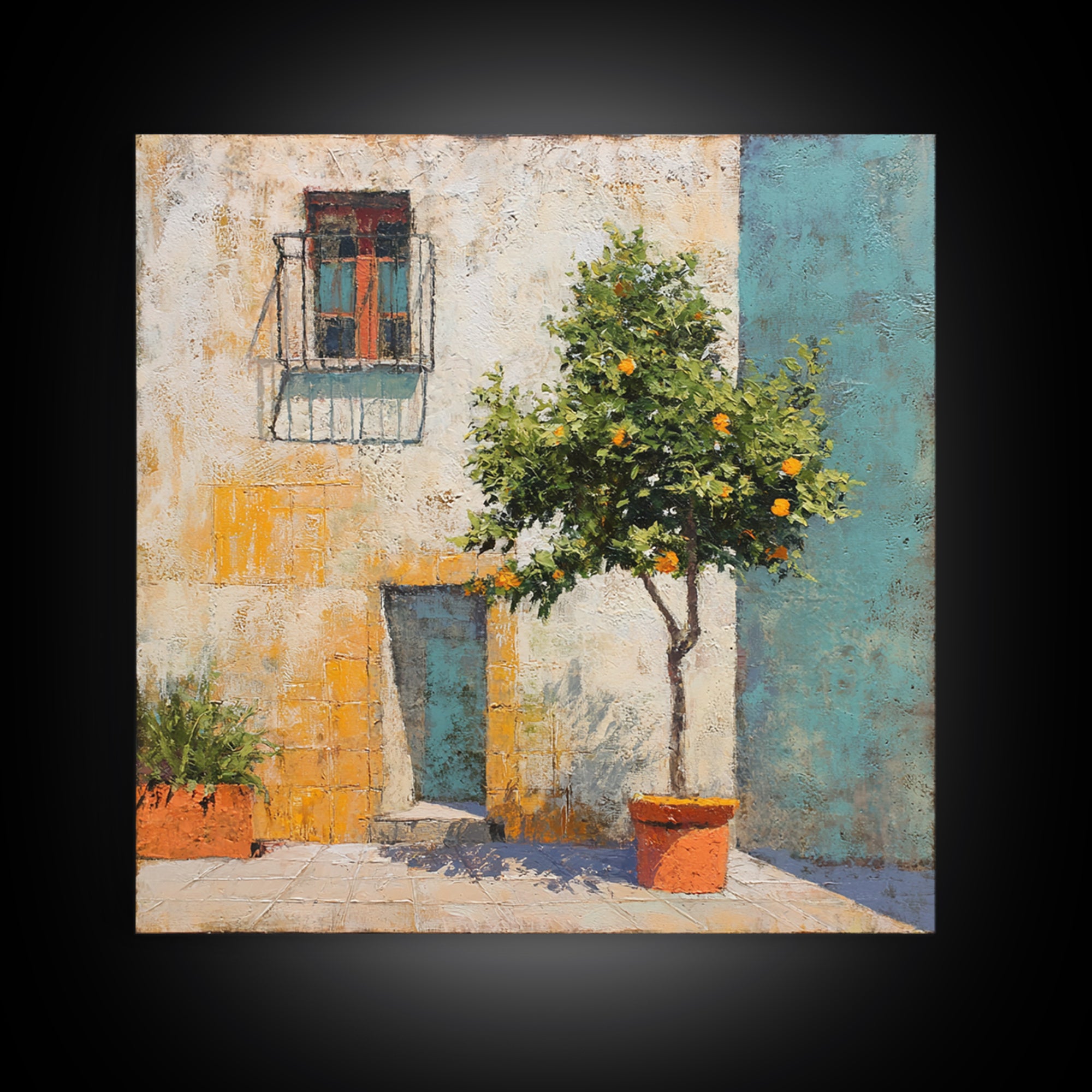 Orange Tree in Tiled Courtyard Framed Canvas Print, Moroccan Art, Contemporary Art, Living Room Decor, Oil Painting, Marrakesh, MOR-1x1-37