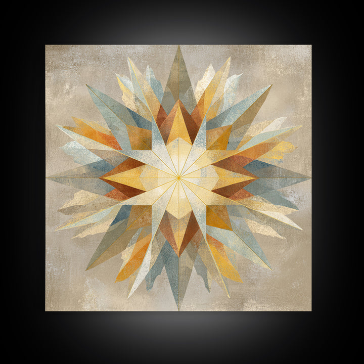 Gold Geometric Sunburst Framed Canvas Print, Moroccan Art, Living Room Decor, Oil Painting, Marrakesh 048, Set of Prints, MOR-1x1-48